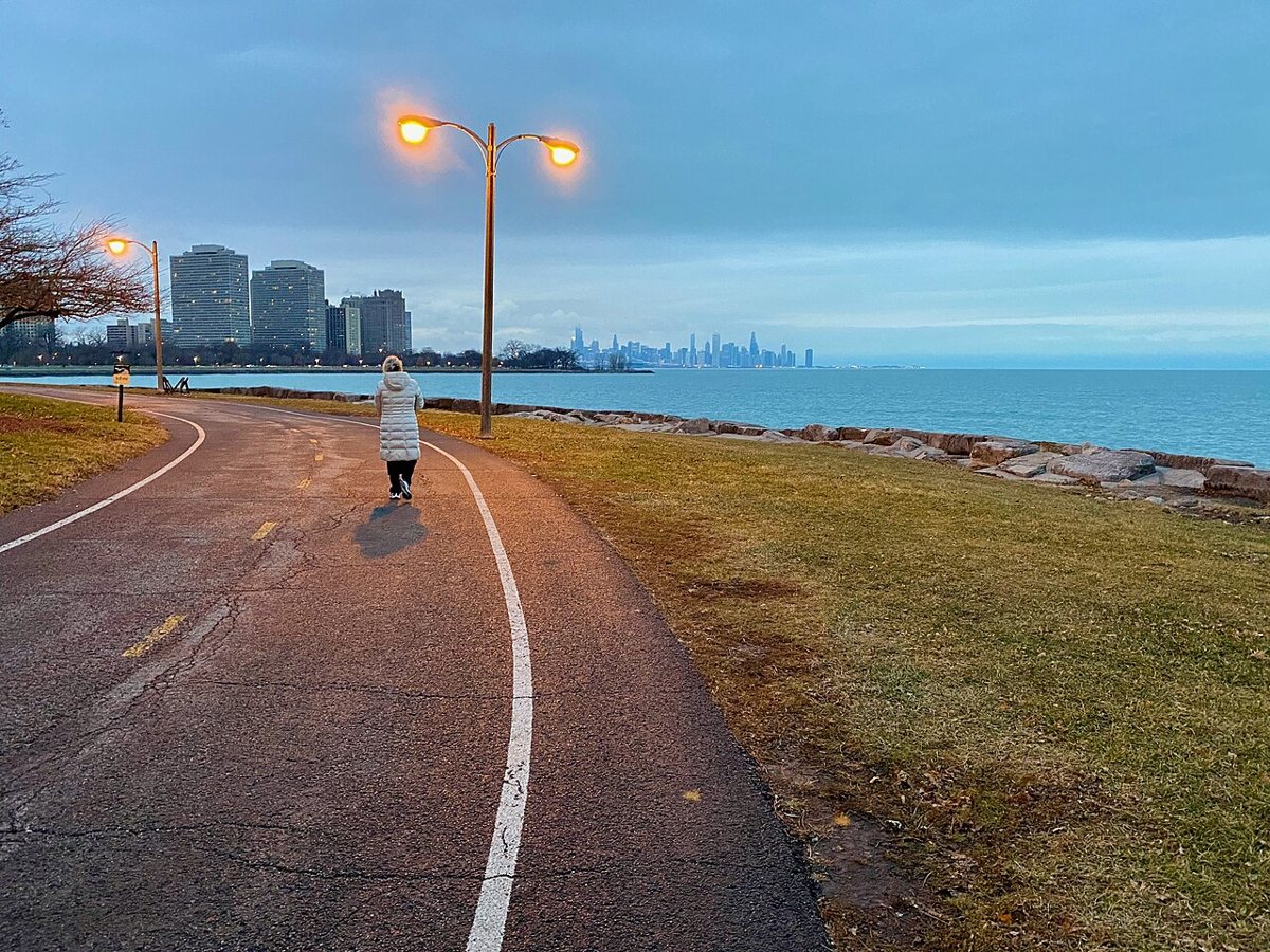Limestone steps at Promontory Point in Hyde Park with the Chicago skyline in the distance