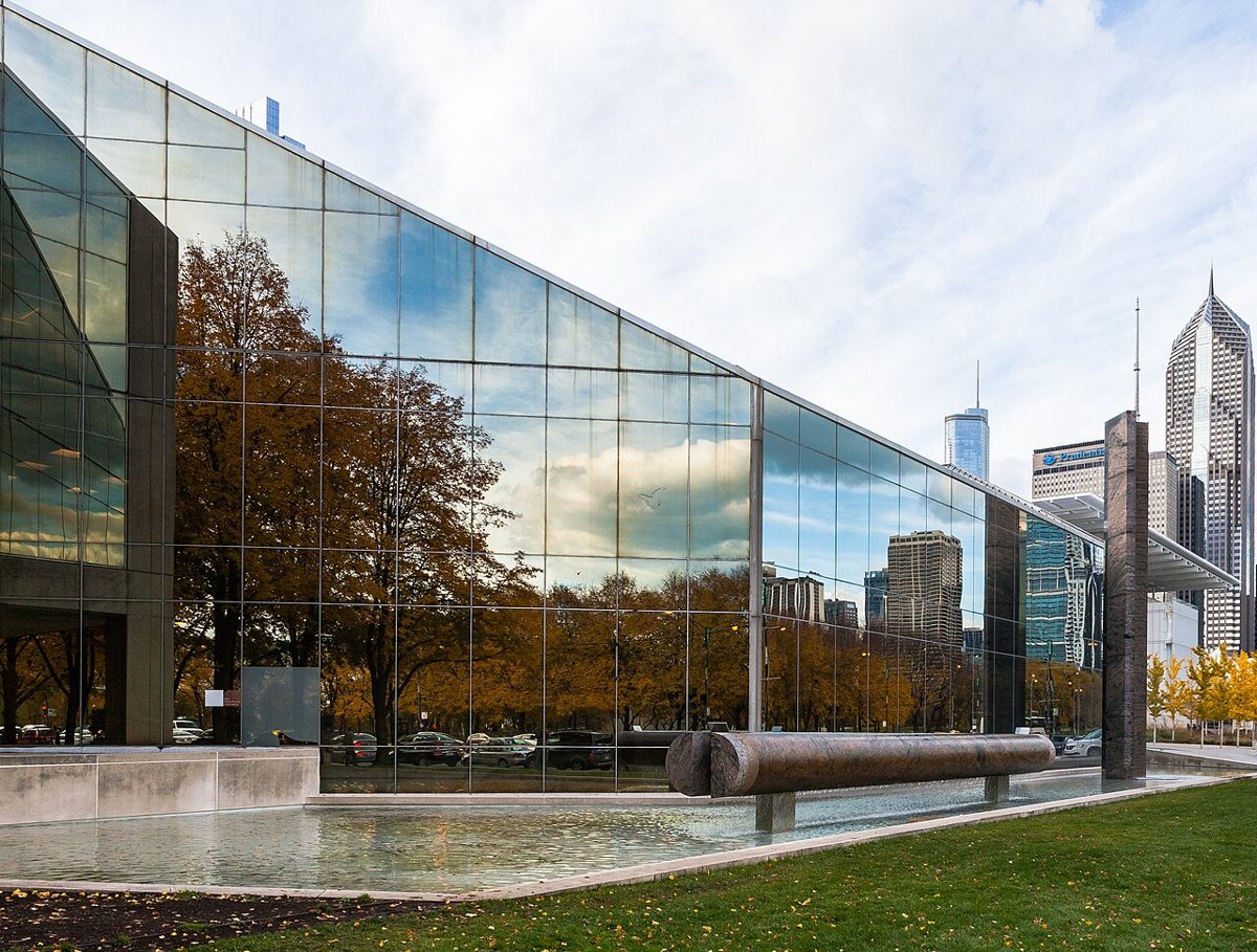 the Art Institute of Chicago building with spring tulips in the South Garden