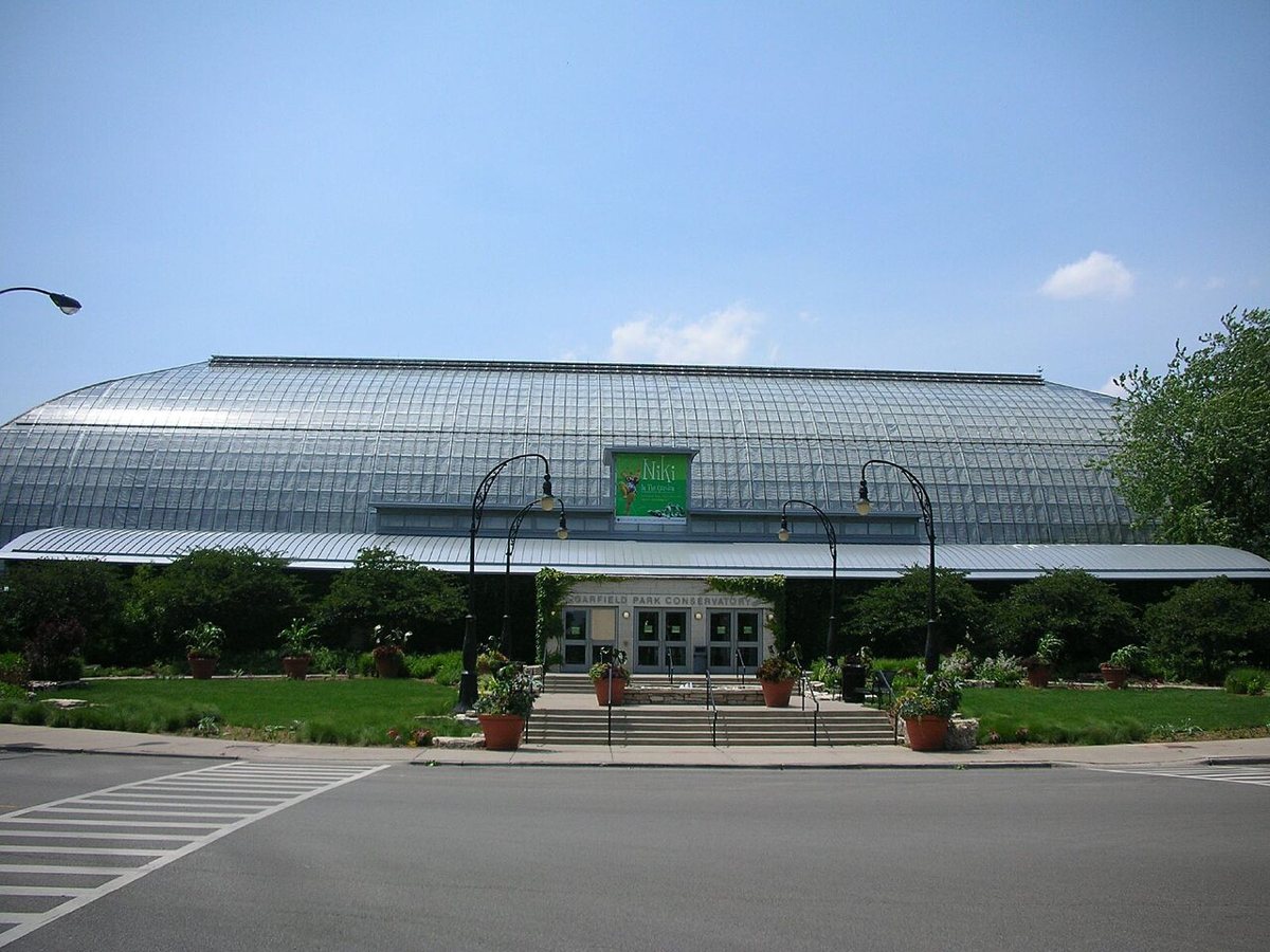 Interior of the Garfield Park Conservatory with tropical ferns and glass greenhouse ceiling
