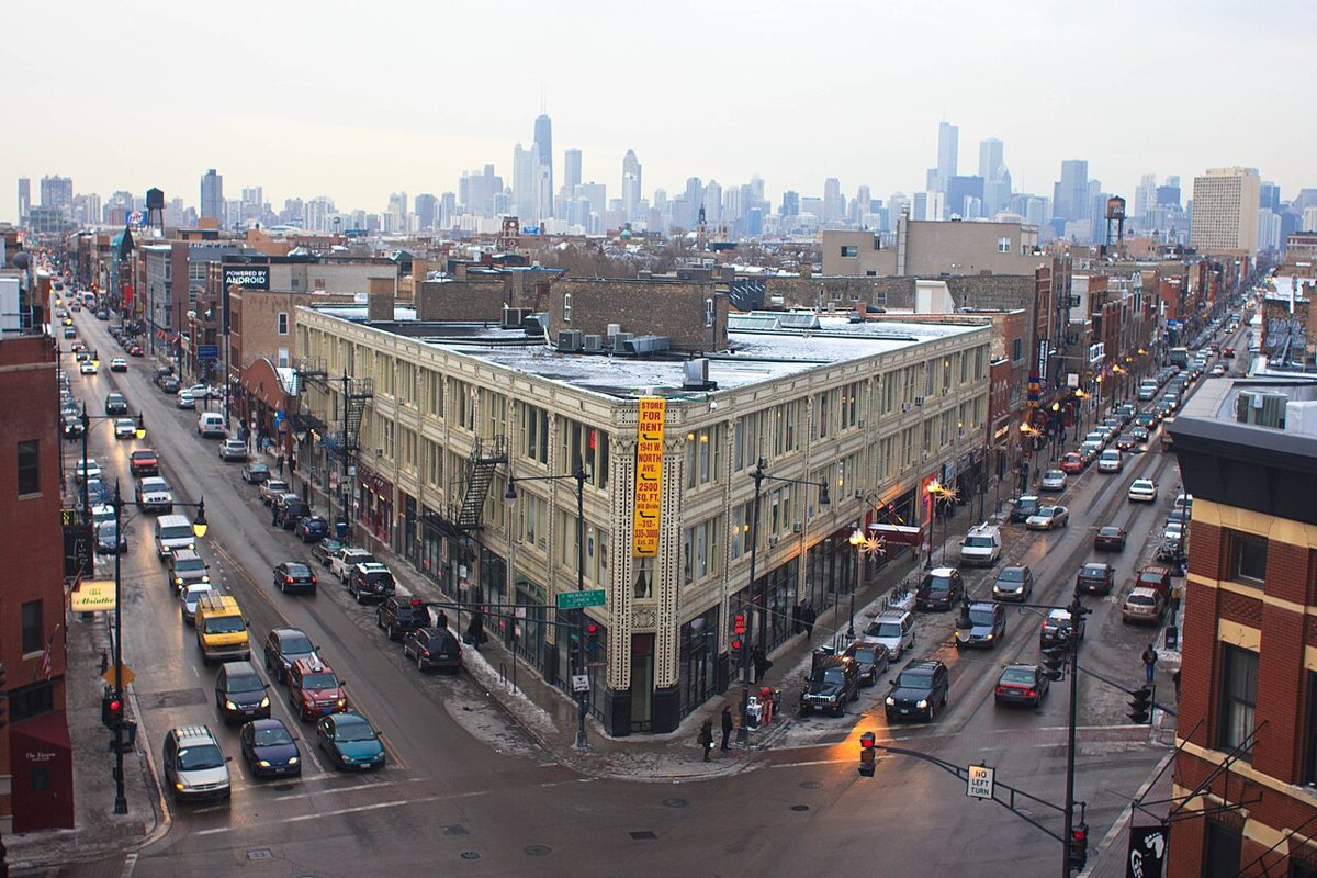 The six-corners intersection of Milwaukee, North and Damen Avenues in Wicker Park Chicago