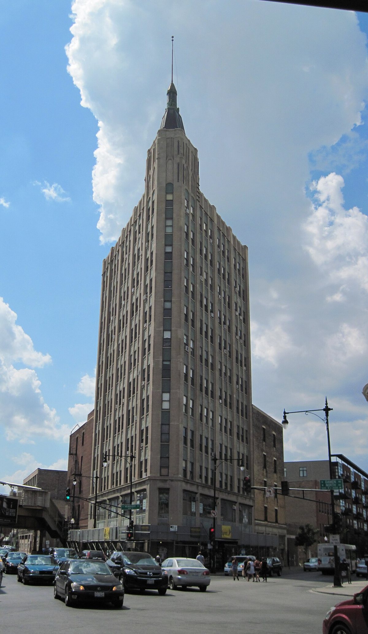 The Robey Hotel, the flatiron-shaped Northwest Tower, in Wicker Park Chicago