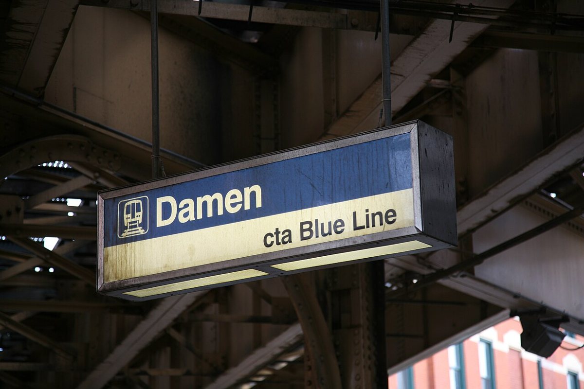 CTA Blue Line Damen station entrance in Wicker Park Chicago